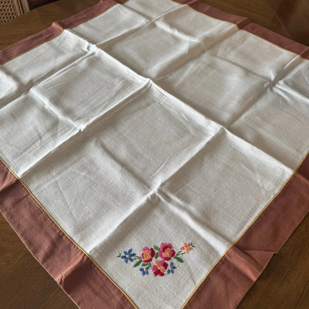 Vintage Embroidered Linen Napkin Set with Rose Floral Design Square Bistro Table